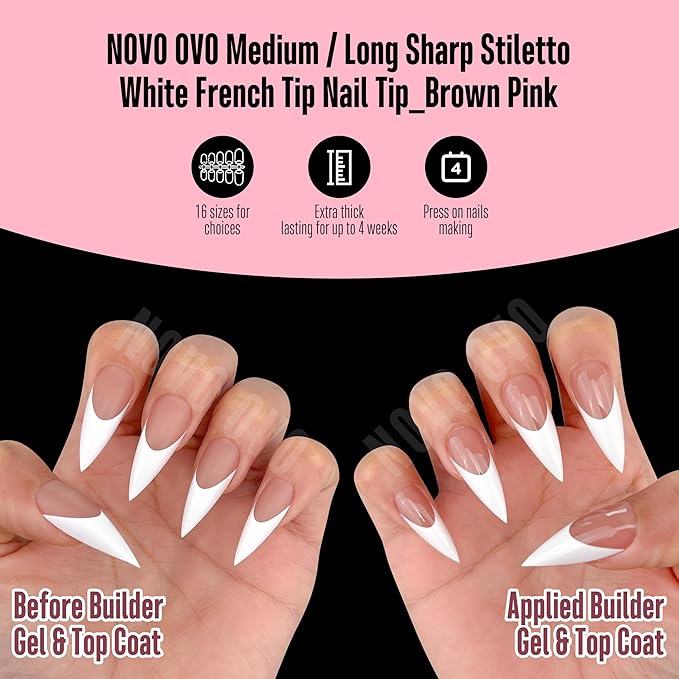 NOVO OVO Medium Long Sharp Stiletto Nail Tips (White French Tip) - Brown Pink Nude Soft Gel Press Ons, Pre-Designed Full Cover Fake Nails for Instant Salon Manicure, 16 Sizes (160 Pcs)