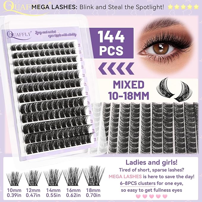 DIY Lash Extension Kit Cluster Lashes Kit with 576Pcs Lash Clusters Lash Bond and Seal Remover Eyelash Applicator Beginner DIY Lashes Kit Easy to Use(4 styles-10-18mm)