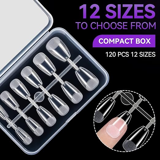 Gelike ec Short Coffin Soft Gel Nail Tip, Gel Full Cover Nail Tips, Soak Off Clear Gelly Tips Pre-Buff PMMA False Press on Nail Tips,12 Sizes-SHORT COFFIN 120PCS