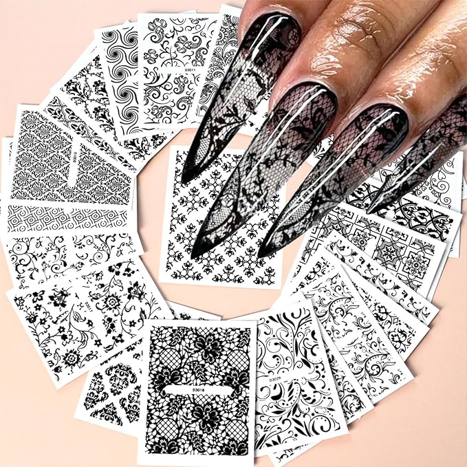 30 Sheets Black Nail Art Stickers Decals 3D Self-Adhesive Lace Nail Decals Retro Flower Designs Nail Supplies Summer Nail Decoration DIY Nails Accessories for Women