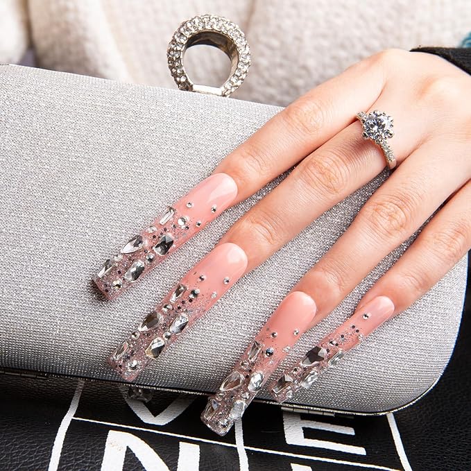 LOVFUL Stunning Bling Nails,Crystal Detailed Diamonds Press On Nails | Custom Shape | Glitter Rhinestone Nails | Gradient Pink Fake Nails| Square Long 2.2 in | H126 (M)