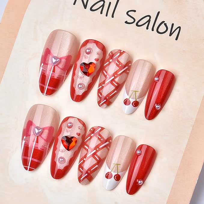 24Pcs Valentines Day Press on Nails Medium Almond Red Fake Nails Nude False Nails with Bow Cherry Pearls Design Red Heart Rhinestone White French Glue on Nails Artificial Stick on Nail for Women