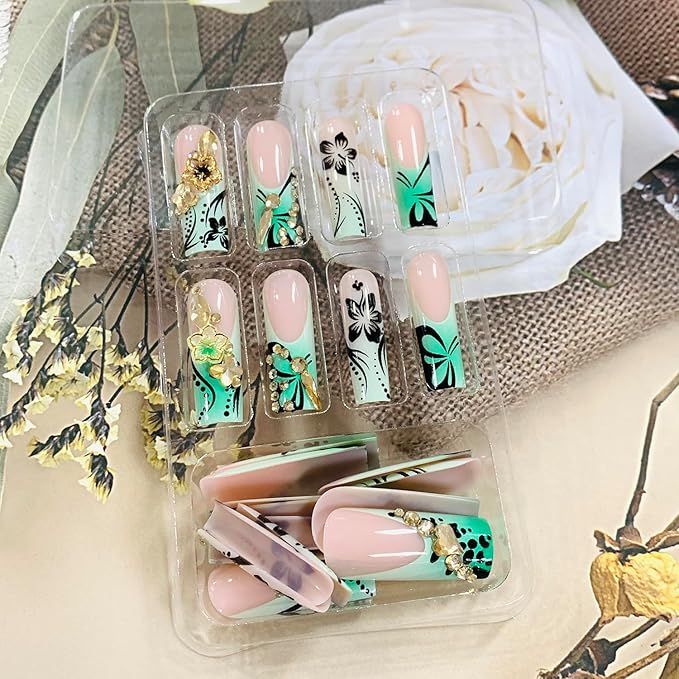 Press on Nails Coffin Long Length Acrylic Glossy Full Cover Square Shaped French False Nails with Designs Artificial Extra Long Fake Nails with Charms Glue ons Fingernails for Women(AS25)