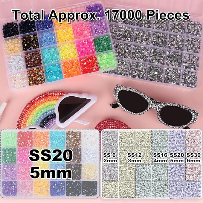 2 Boxes Rhinestones for Bedazzling Kits, Multicolor 5mm & Silver Clear 2/3/4/5/6mm Resin Flatback Gems for Diamond Art, Bedazzler Kit with 3Pcs 10ml B7000 Jewelry Glue for DIY Crafting Crafts Decor
