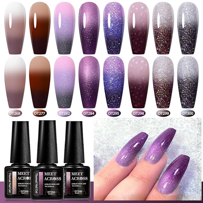 MEET ACROSS 12PCS Color Changing Gel Nail Polish Set Glitter Brown Gray Purple Gel Polish Set Fall Winter Mood Temperature Change Nail Polish UV/LED Nail Art Gifts 8 Colors