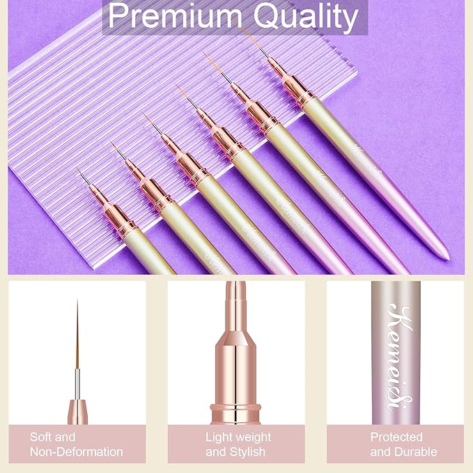 6Pcs Nail Art Liner Brushes, Striping Nail Art Brush for Gel Polish Painting, Thin Detail Brush Fine Drawing Art Design Pen Size 5/7/9/11/15/25mm