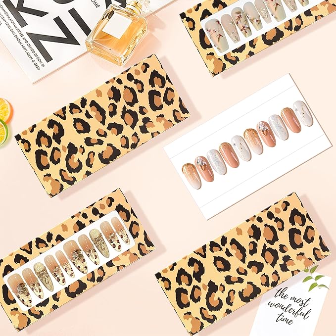 71 Pcs Empty Press on Nails Packaging Box 35 Pcs White Background Papers and 1 Double Sided Tape, Empty Nail Package Box Set for Press on Nail Business(Brown Leopard)
