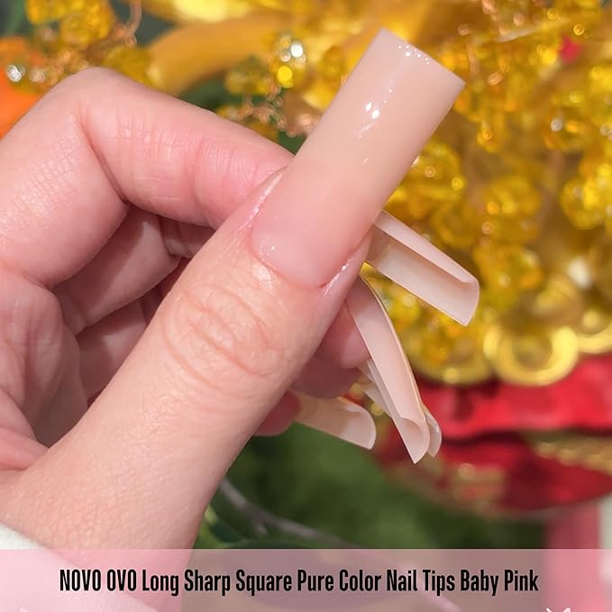 NOVO OVO Long Sharp Square Nail Tips Press on Pure Color BABY PINK, Extra Thick NEED Builder Gel & Top Coat, Soft Gel Matte Fake Nail Extension, Full Cover False Nails for Salon DIYx 15 Sizes 180 pc