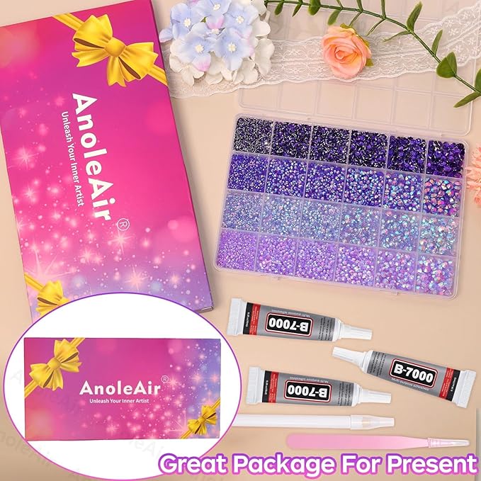 26000PCS Purple Resin Flatback Rhinestones for Crafting, Resin Rhinestones for Bedazzling Kit, 2/3/4/5/6mm Flatback Gems Jewels for DIY Mugs Tumblers Clothing Shoes Nail Art