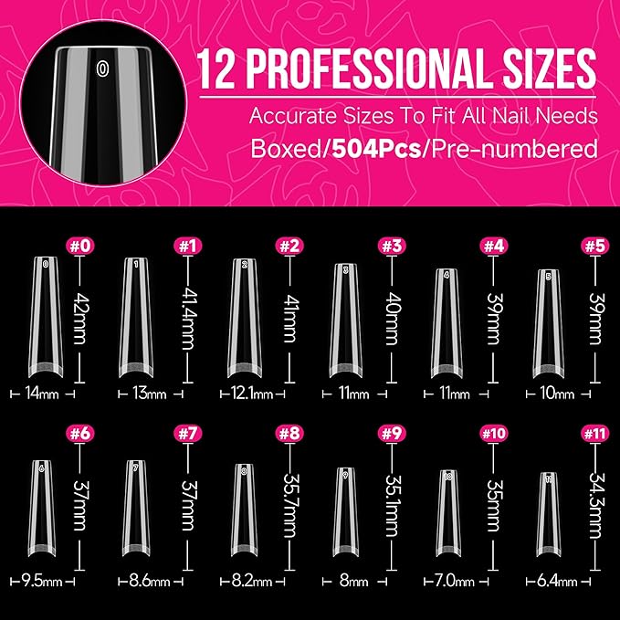 UNA GELLA Extra Long Coffin Nail Tips No C Curve 504PCS XXL Coffin Nails Half Cover Long Coffins Gel Nails Tips Clear Fake False Nails Long Gel Extensions for Nail Art Salon Home DIY No Need File
