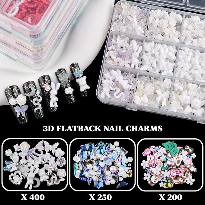 850 Pieces 3D Butterfly Rose Flower Bow Rabbit Bear Nail Charms Kit with Nail Art Rhinestones Pearls Crystal Gems Nail Slices for Manicure DIY Crafts Jewelry Accessories (White)