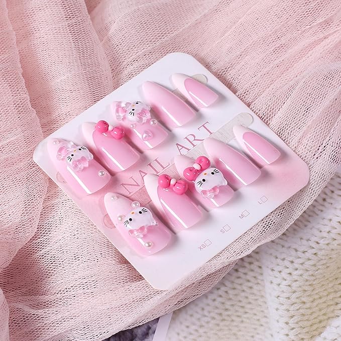 French Tip Press on Nails Medium Almond Cute Cat Fake Nails with 3D Pearl Designs Pink Bow False Nails Cartoon Stick on Nails Full Cover Artificial Acrylic Nails Fashion Fingernails for Women 24pcs