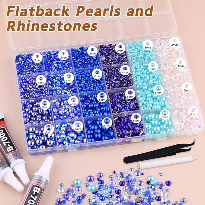 14000PCS Flatback Pearls and Blue Rhinestones for Bedazzling Kit, Dark Blue 3-10mm Resin Rhinestones and Half Pearls for Crafting, Nail Art Dec with 3pcs B7000 Jewelry Glue