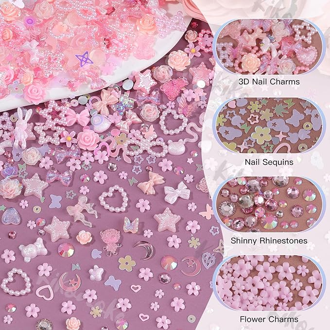400Pcs Pink Nail Charms Kit, 3D Nail Gems and Rhinestones Flatback Pearls Mixed Shape Set, Heart Rabbit Butterfly Flower Bow Acrylic Resin Nail Art Decorations DIY Craft (Pink)