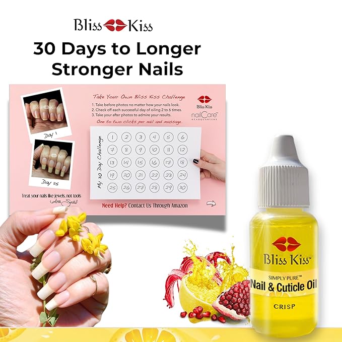 Bliss Kiss | Crisp Fragrance | Nail Oil Cuticle Dropper w/Vitamin E & Jojoba⏤Nail Strengthener Nail Growth Serum for Brittle Peeling Breaking Thin Nails | 0.5oz |