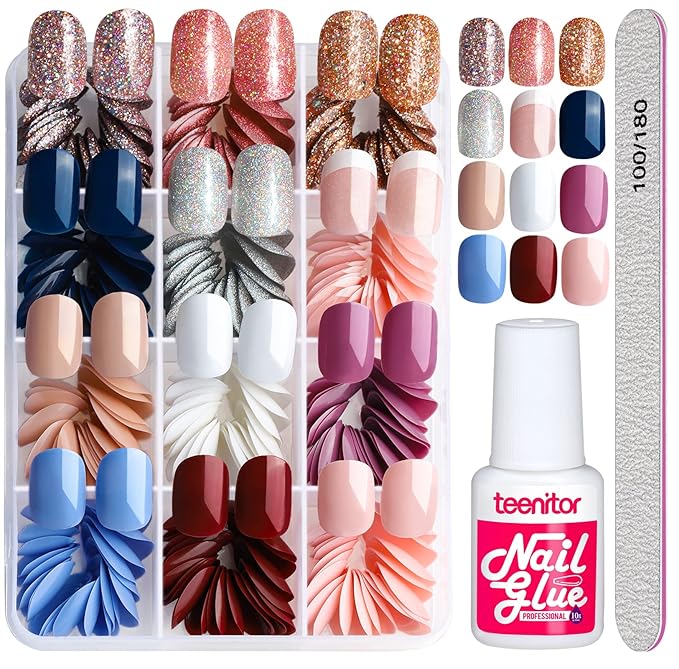 Teenitor Short Press on Nails, Round Fake Nails, Glossy Glue on Nails,288pcs Glitters Press on Nails