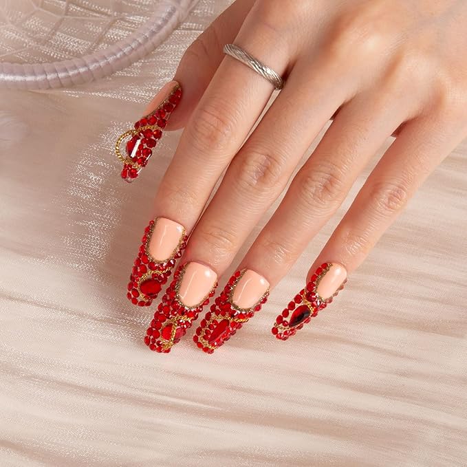 LOVFUL Press on Nails Flamingo | Handmade with Full Covered Crystals | Reusable Full Cover Nails | Coffin Classic Regular 1.3 in | H37-L
