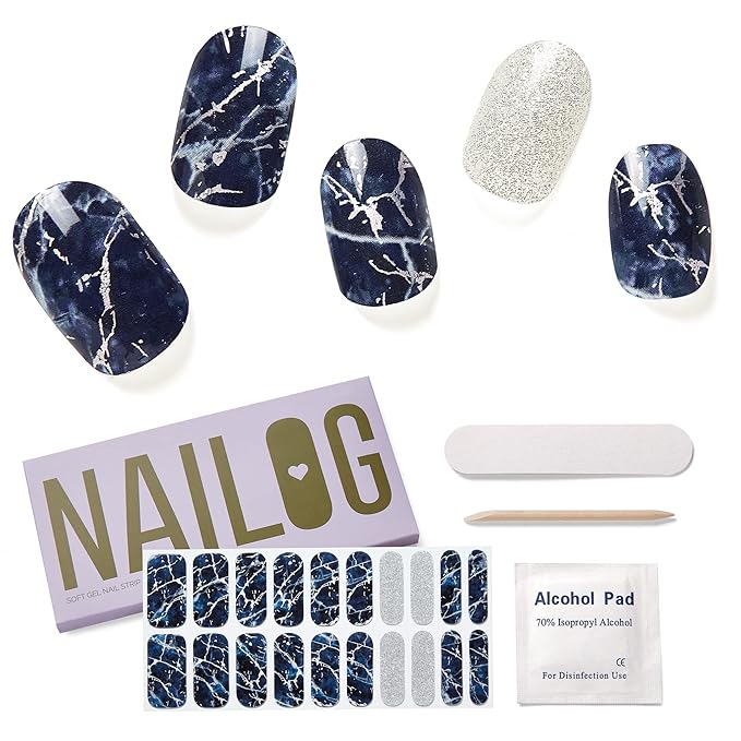NAILOG Semi Cured Gel Nail Strips (20 Extra Long Polish Stickers/Wraps) │ Glossy & Long Lasting Soft Gel Finishing (Stormy Night)