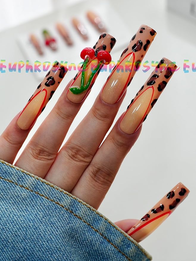 Cherry and Leopard Print Press On Nails – 10PCS Long Coffin Fake Nails with Red French Tips & 3D Fruit Charms, Reusable Glossy Summer Nails for Women and Girls – Euphrosyne