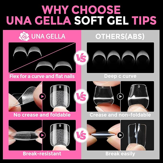 UNA GELLA Extra Short Square Oval Nail Tips 216pcs Pre-shaped Half Matte Square Round Gel Nail Tips Full Cover Squoval Clear Acrylic Fake Nails for Press on Nail Extensions Home DIY Salon 12 Sizes
