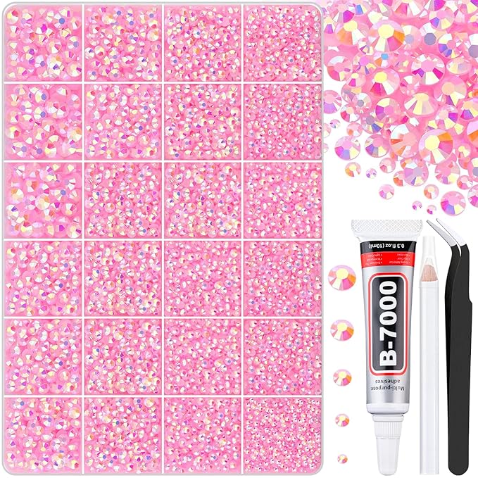 30000Pcs Light Pink AB Rhinestones for Bedazzling with B7000 Jewelry Glue, Bedazzler Kit Flatback Gems, Resin Rhinestones for Crafting Crafts Clothing Shoes Fabric Nail Art Assorted Size 2/3/4/5/6mm
