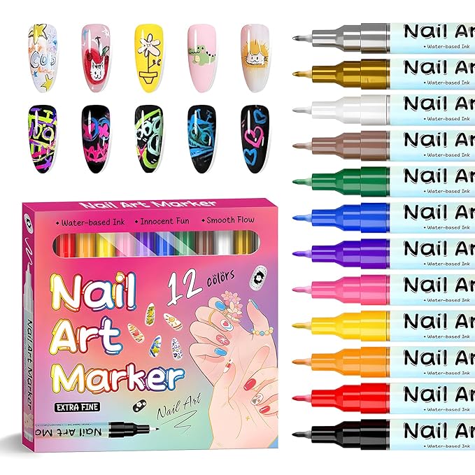 12 Colors Fine Tip Nail Art Pens, 0.6mm Nail Marker Pens for 3D Nail Drawing, Dotting, Graffiti & Painting — Quick Dry Nail Art Liner Pens for Home & Salon