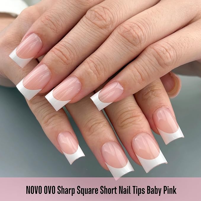 NOVO OVO Short Sharp Square White French Tip Nail Tips Press on BABY PINK, Need Builder Gel Top Coat Nail Glue, Soft Gel Fake Nail Extension, Full Cover False Nails for Salon DIY x 15 Sizes 240 pcs