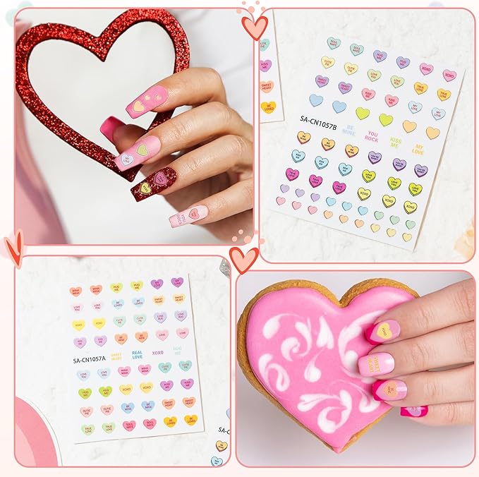 CNhoqc 8 Sheets Valentine’s Day Conversation Heart Candy Color Nail Sticker, Valentine’s Theme Colorful Nail Sticker with Sweet Words Hug Me Be Mine Cute Nail Decals for Girls DIY Manicure Supplies