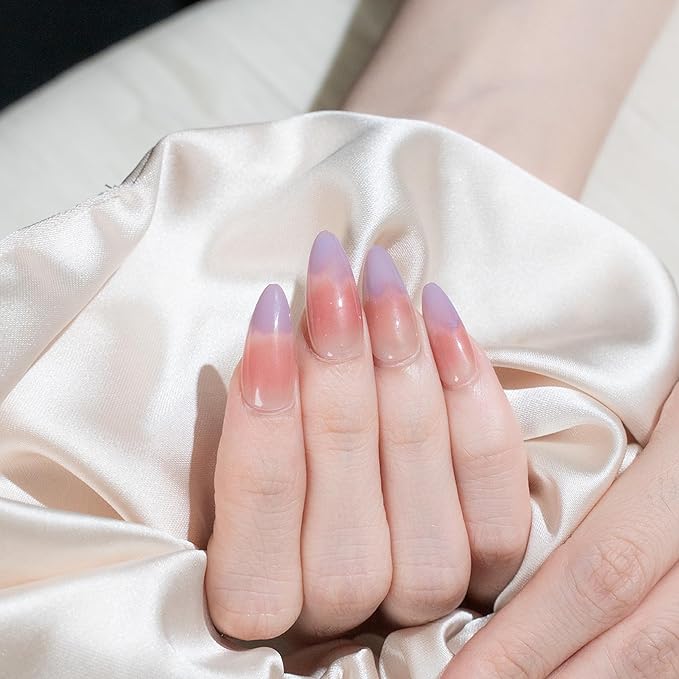 Sun&Beam Nails Handmade Press-on Medium Long Almond Pink Purple Magnet Minimalist Sweet Design Fashion False Nail Tips 10 Pcs Set (#262 L)