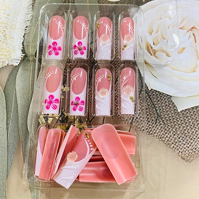 Press on Nails Coffin Long Length Acrylic Glossy Full Cover Square Shaped French False Nails with Designs Artificial Extra Long Fake Nails with Charms Glue ons Fingernails for Women(XXS221)