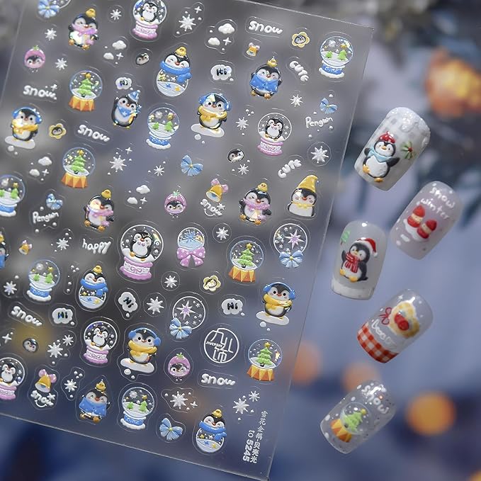 Cute Nail Stickers Penguin Nail Decals Snowflake Nail Art Stickers Winter with Design 5D Embossed Self Adhesive Christmas Nails Sticker for Women Girls Xmas Manicure DIY Decoration