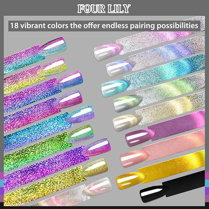 Cat Eye Gel Nail Polish Set, 18 Colors Magnetic Gel Polish Kit 9D Reflective Neon Light Strip Cateyes Nail Polish Chameleon Galaxy Glitter Effect Salon Gel Manicure Nail Art DIY at Home