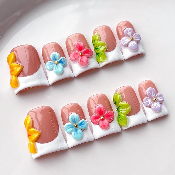 Luxury Press on Nails Short Duck Handmade 3D Unique Reusable ABS Material Fake Nails White French Tip False Nails with Designs Colorful Flower Glossy Glue on Nail Thick Acrylic Nail(S)