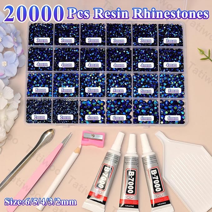 20000Pcs Black Blue AB Flatback Jelly Resin Rhinestones for Bedazzling, Mix Sizes Crystal Rhinestones Gems, Black Blue AB Gems Bedazzling for Crafting DIY Face Makeup Crafts Tumblers