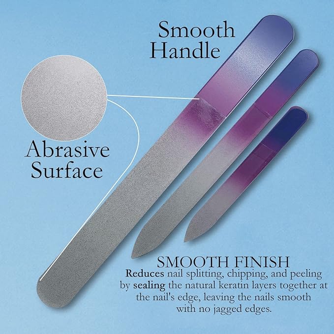 Glass Fingernail Files with Case - Manicure Set for Natural Nails - Double Sided Nail File Stocking Stuffers (Blue)