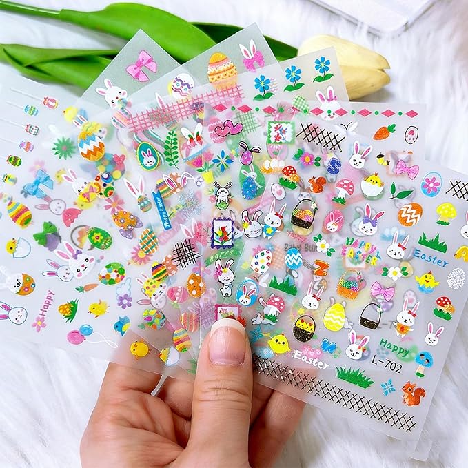 Easter Glitter Nail Art Stickers Decals 3D Self-Adhesive Nail Art Accessories Cartoons Bunny Chick Egg Designs Sticker Lovely Easter Manicure DIY Nail Decorations 6 Sheets