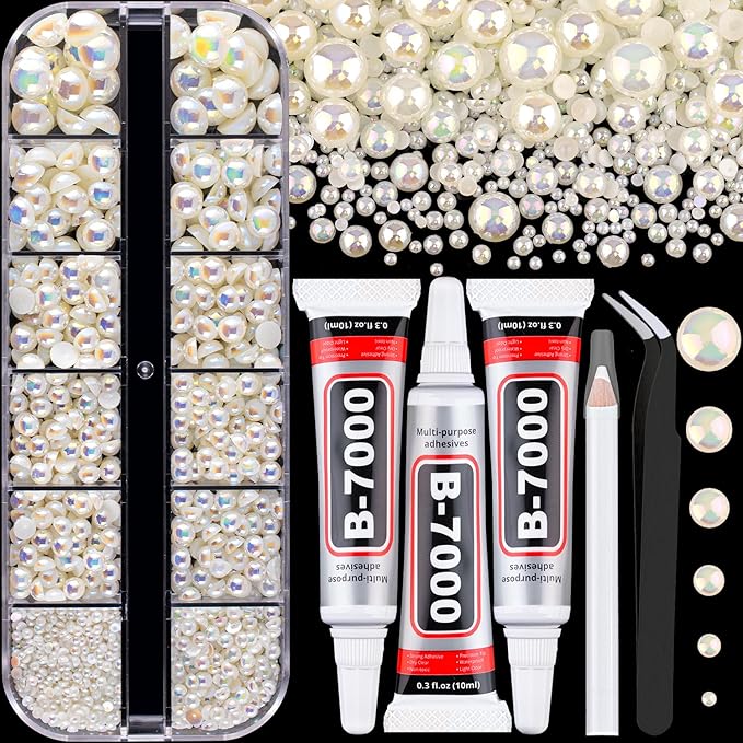 Flatback Pearls for Crafting with 3Pcs 10ml B7000 Jewelry Glue, 1 Box of Half Round Beige AB Pearls, Bedazzling Beads for DIY Crafts Clothing Tumblers Shoes Embellishment Nail Art