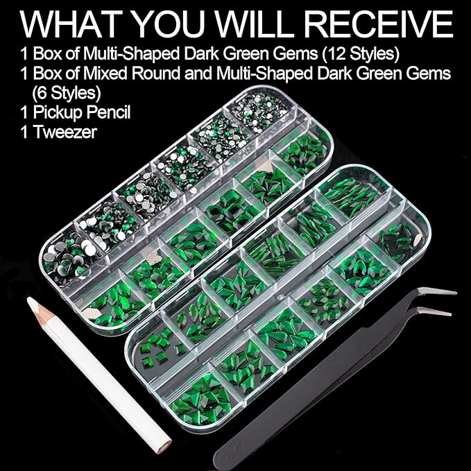18 Styles Multi-Shaped Glass Gemstones for Nails and 6 Sizes Round Crystal Rhinestones Kit #6, Dark Green Nail Art Charm Bead Manicure Decoration with Pickup Pencil and Tweezer