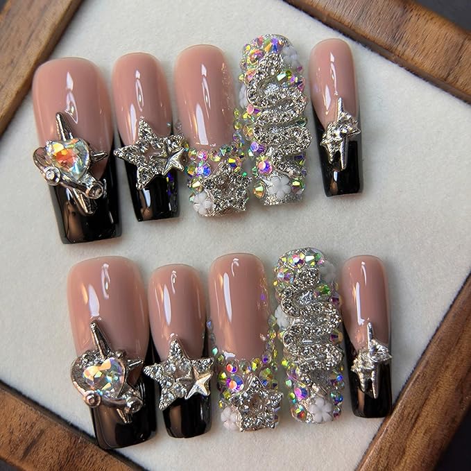 Handmade Press on Nails Long Square Fake Nails Black French Tip False Nails with Glue 3D Luxury Reusable Rhinestone Design Acrylic Nails Press Ons Sparkly Stick on Nail for Women 10Pcs(Size M)