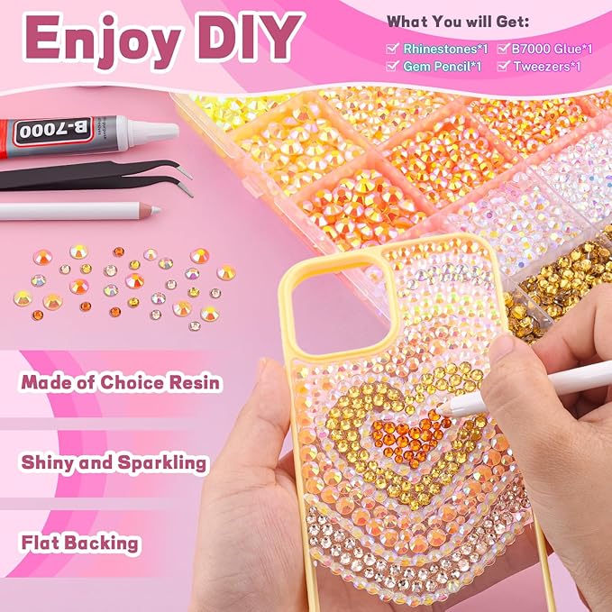 20000Pcs Yellow Rhinestones for Bedazzling with 1Pcs B7000 Jewelry Glue, Resin Rhinestones for Crafting Crafts DIY, Bedazzler Kit Gems for Clothing Shoes Tumblers Nail Art Assorted Size 3/4/5/6mm