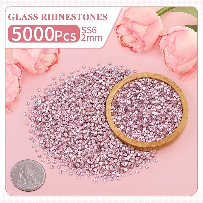 5000PCS SS6/2mm Crystal Rhinestones (Light Pink) with 2Pcs 10ml B7000 Jewelry Glue, Bedazzling Flatback Glass Rhinestones for Crafting, Gems Diomand Charms for Tumbler Shoes Clothing Mugs Nail Art