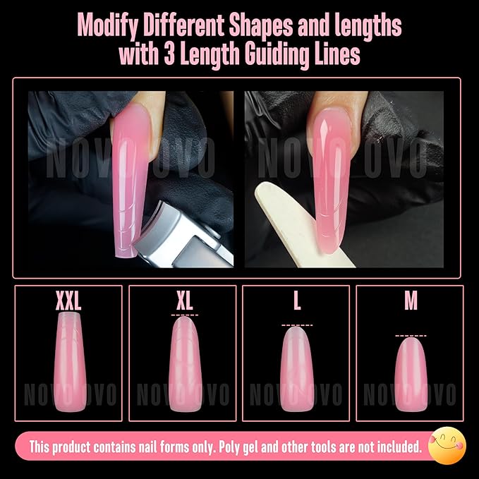 NOVO OVO Tapered Square (Sculpted) Nail Dual Forms for Poly Gel Extension with Guiding Line Inside, XL XXL Reusable Full Cover Acrylic Builder Hard Gel Polygel Molds x 15 sizes 150 Pcs