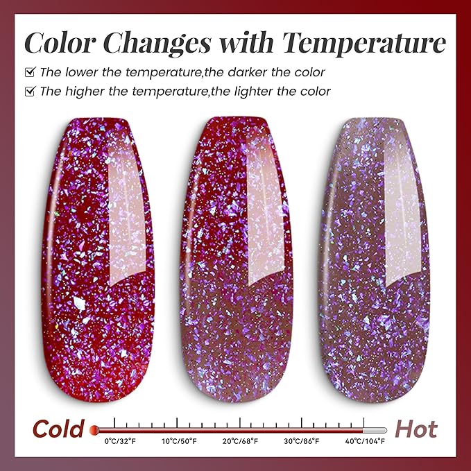 YTD Likomey Brocade Glitter Color Changing Gel Nail Polish,15ml Light Purple To Jujube Red Shimmer Mood Temperature Change Colors Iridescent Flakes,Fall Winter Thermal UV Nail Gel,WB340