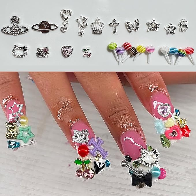 80Pcs Silver Nail Charms Set with Pink Hearts，Crosses, Stars,Butterflies, Dollars, Cherries, Crowns,Lollipop Y2k Nail Gems for Women Girls Nail Decorations DIY Craft