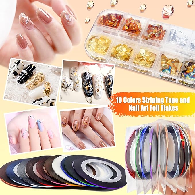 Nail Brushes Kit - Nail Art Brushes, Dotting Tools, Holographic Stickers, Foil Tape, Rhinestones & Tweezers