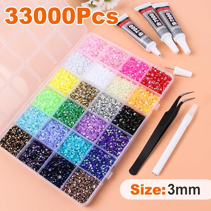 33000Pcs Resin Jelly Rhinestones for Bedazzling, 24 Colors 3mm Flatback Gems for Diamond Art, Bedazzler Kit with 3Pcs 10ml B7000 Jewelry Glue for Crafting Crafts Book Shoes Nail Art