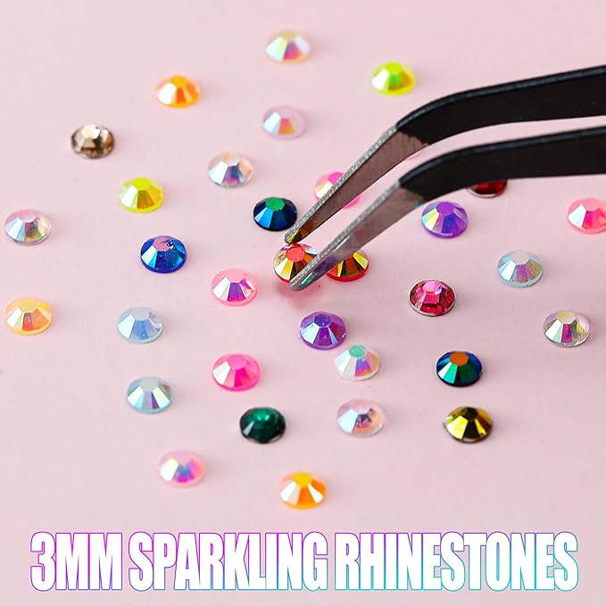 BANA 30000Pcs in 48 Colors Rhinestones for Bedazzling and Diamond Art, 3mm Flatback Gems with 3×10ml B7000 Jewelry Glue Tweezers, Perfect for Nail Art, Crafting, Clothing, Fabric Decor