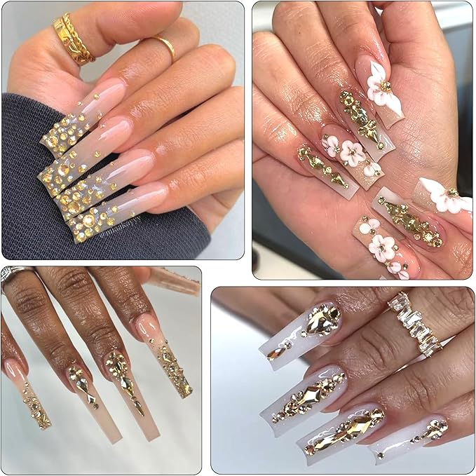 Nail Charms and Gems - 5000 Pcs, 20 Types, 20 Sizes, with Kit, Nail Rhinestones, Faux Pearls, Beads, for Nail Art (Champagne Gold)