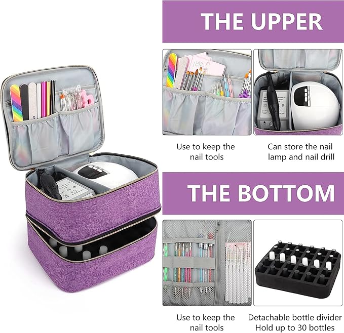 Meichoon Essentials Nail Polish Carrying Organizer 2 Layers Storage Holder Case with Adjustable Bottle Compartment 30 Bottles of Gel lamp and Manicure Tools Large Makeup Bag Travel Purple