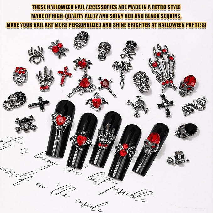 Halloween Nail Charms,48pcs Ghost Head Spider Skull Hand Cross Nail Gems with Rhinestones,Retro Skeleton Spider Gold Silver Alloy Nail Art Jewelry Decoration for DIY Halloween Nail Design Crafts